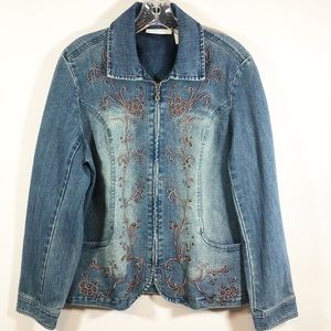 Stretch denim embroidered embellished zip jacket L